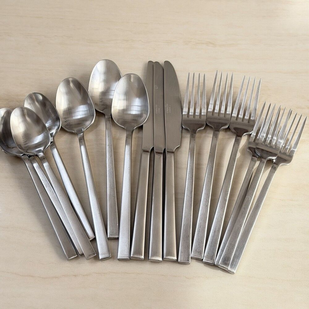 16pc Stainless Flatware 4-Sided Handle Heavy Knife Spoon Fork Serving For 3
